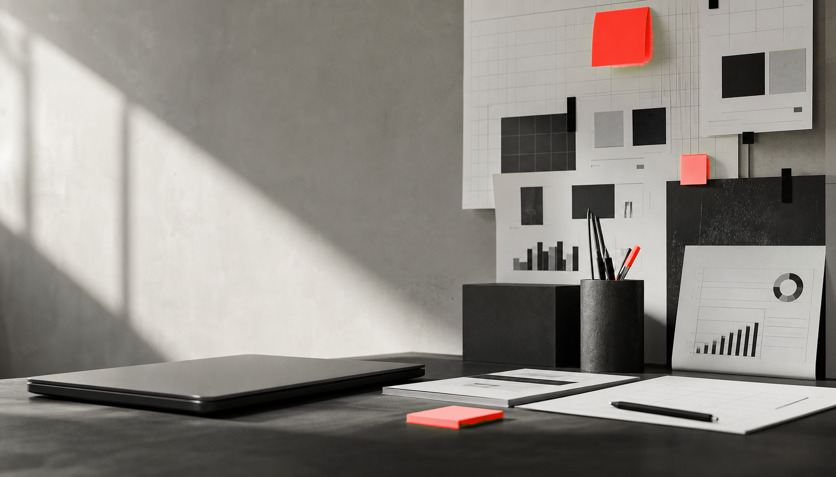 Monochrome marketing strategy workspace with red campaign notes