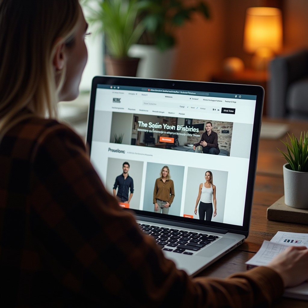 Person reviewing a website and marketing report on a laptop