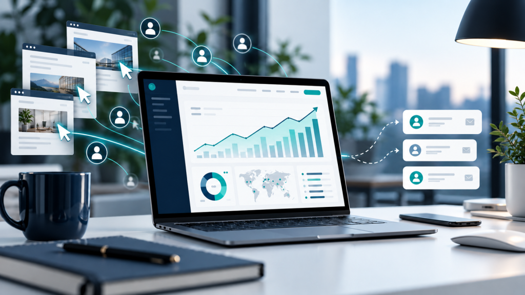 Website design shown on a laptop with callouts for clear service messaging, strong calls to action, trust signals and internal links to key pages.