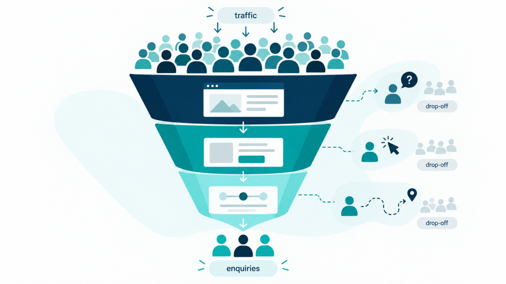 Illustration of a website conversion funnel showing traffic entering at the top, drop-offs during the journey and a smaller number of useful enquiries at the end.